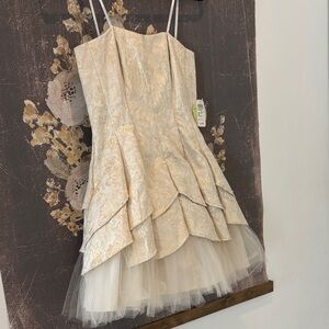 Strapless Gold Floral Tiered Tulle Party Dres